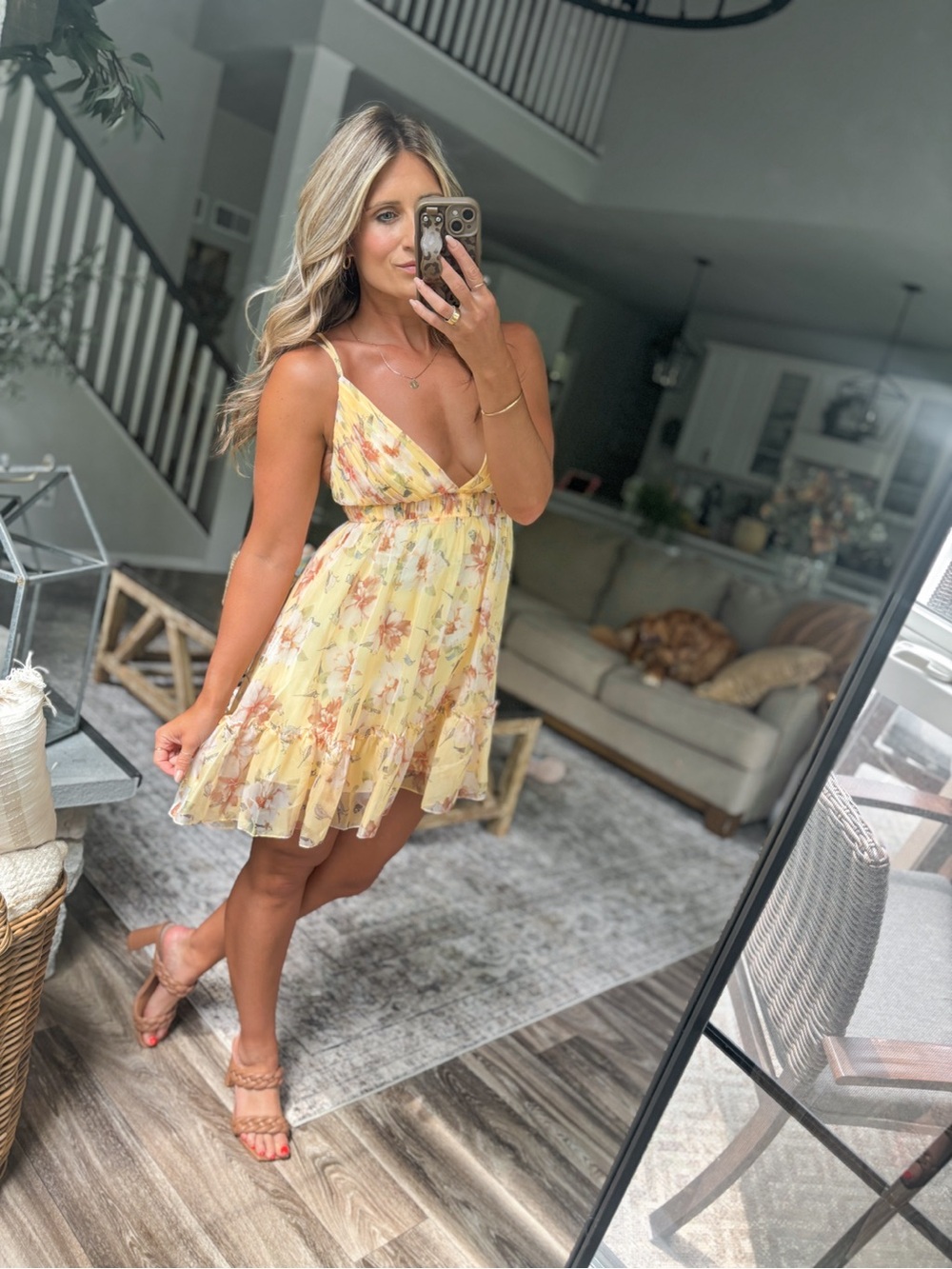 Mac Duggal Yellow Floral Mini Dress with Ruffle Hem
